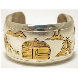 Navajo 12k Gold Fill Pueblo over Sterling Silver Cuff Bracelet - Virgil Reeder