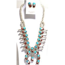 Zuni Coral & Turquoise Snake Squash Blossom Sterling Silver Necklace & Earrings Set - Effie Calavaza