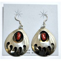Navajo Coral Bear Paw Sterling Silver French Hook Earrings - Virginia Johnson