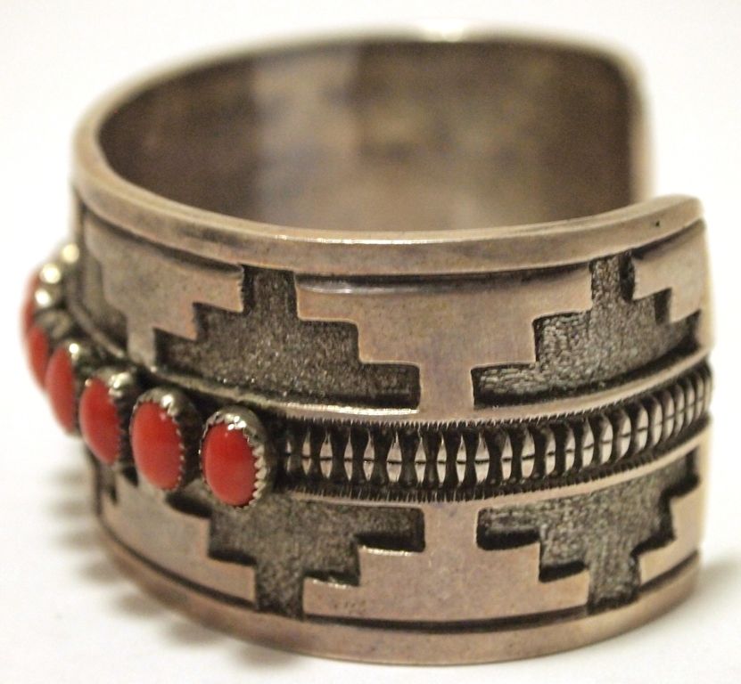 Vintage Old Pawn Navajo Coral Sterling Silver Cuff Bracelet - Rick Martinez