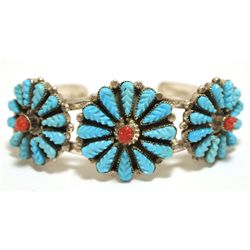 Old Pawn Zuni Coral & Turquoise Sterling Silver Cuff Bracelet - Robert Eustace