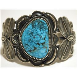 Old Pawn Navajo Spider Web Kingman Turquoise Sterling Silver Cuff Bracelet - Kirk Smith