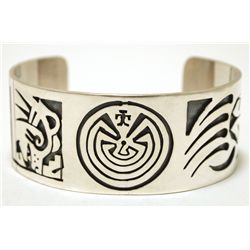 Navajo Sterling Silver Man on Maze & Bear Paw Cuff Bracelet - Sharon Cisco