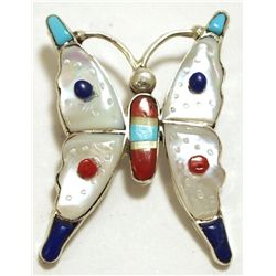 Zuni Multi-Stone Inlay Sterling Silver Butterfly Pendant & Pin - Pascal Natewa