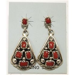 Navajo Coral Sterling Silver Curved Post Earrings - Melvin Chee