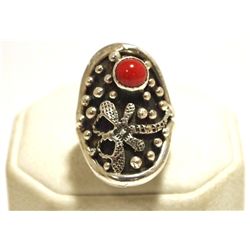 Navajo Coral Sterling Silver Dragonfly Women's Ring - Shakey