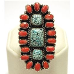 Old Pawn Navajo Coral & Turquoise Sterling Silver Men's Ring - Kirk Smith