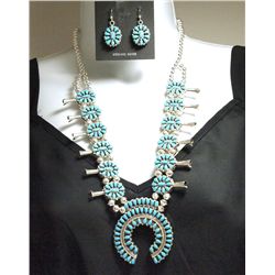 Navajo Reversible Coral & Turquoise Sterling Silver Squash Blossom Necklace & Earrings Set - Elton J