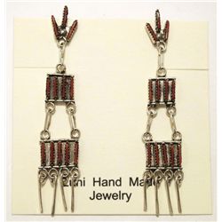 Zuni Coral Needlepoint Sterling Silver Post Earrings - Arlene Quam