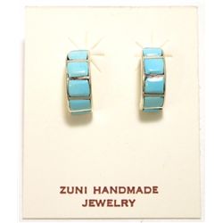 Zuni Turquoise Inlay Sterling Silver Half-Ring Post Earrings - Glennetta Luna