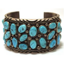 Vintage Old Pawn Navajo Sleeping Beauty Turquoise Cluster Sterling Silver Cuff Bracelet