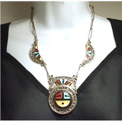 Vintage Old Pawn Zuni Multi-Stone Inlay Sun Face Sterling Silver Necklace - Don & Velma Dewa