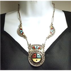 Vintage Old Pawn Zuni Multi-Stone Inlay Sun Face Sterling Silver Necklace - Don & Velma Dewa