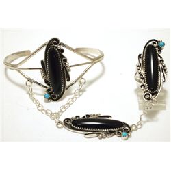 Navajo Onyx & Turquoise Sterling Silver Slave Bracelet - Susan Yazzie & Ronnie Martinez