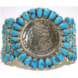 Old Pawn Navajo Turquoise Morgan Dollar Sterling Silver Cuff Bracelet - Justin Wilson