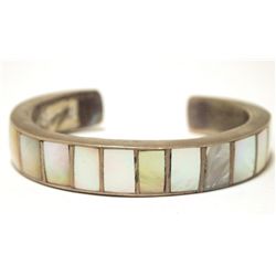 Vintage Old Pawn Navajo Mother of Pearl Inlay Sterling Silver Cuff Bracelet - BK Spencer