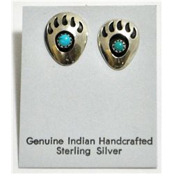 Navajo Turquoise Bear Paw Sterling Silver Post Earrings - Gaynelle Parker