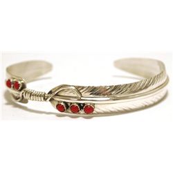 Navajo Coral Sterling Silver Feather Cuff Bracelet - Chris Charley