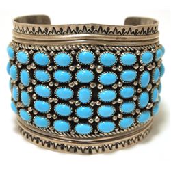 Old Pawn Navajo Kingman Turquoise Cluster Sterling Silver Cuff Bracelet - LJ