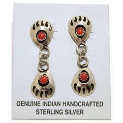 Navajo Coral Sterling Silver Bear Paw Post Dangle Earrings - Gaynelle Parker
