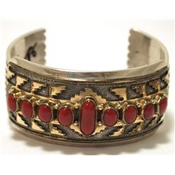 Vintage Old Pawn Navajo Blood Coral 14k Gold over Sterling Silver Cuff Bracelet