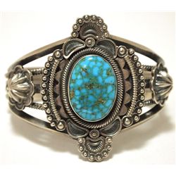 Old Pawn Navajo Spider Web Kingman Turquoise Sterling Silver Cuff Bracelet - Wallace Yazzie, Jr.