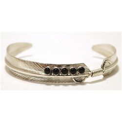 Navajo Onyx Sterling Silver Feather Cuff Bracelet - Chris Charley