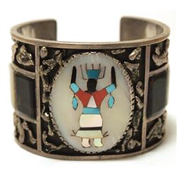Vintage Old Pawn Zuni Multi-Stone Inlay Kachina Sterling Silver Cuff Bracelet - AA Panteah 1969