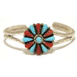 Old Pawn Zuni Coral & Turquoise Sterling Silver Cuff Bracelet - Robert Eustace
