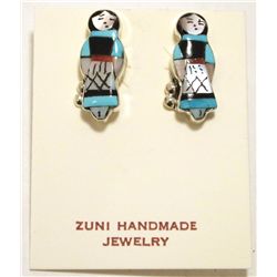 Zuni Multi-Stone Inlay Blue Maiden Sterling Silver Post Earrings - Joyce Waseta