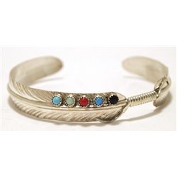 Navajo Multi-Stone Sterling Silver Feather Cuff Bracelet - Chris Charley