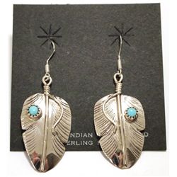 Navajo Turquoise Sterling Silver Feather French Hook Earrings - Vivian Jones