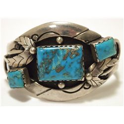 Old Pawn Navajo Stormy Mountain Turquoise Sterling Silver Cuff Bracelet