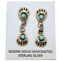 Navajo Turquoise Sterling Silver Bear Paw Post Dangle Earrings - Gaynelle Parker