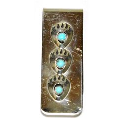 Navajo Turquoise Triple Sterling Silver Bear Paw Money Clip - Joey McCray