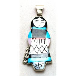 Zuni Multi-Stone Inlay Sterling Silver Blue Maiden Pendant - Joyce Waseta