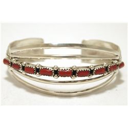 Navajo Coral Sterling Silver Cuff Bracelet - Wilbert Benally