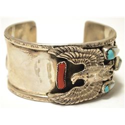 Vintage Old Pawn Navajo Multi-Stone Sterling Silver Eagle Cuff Bracelet - BS