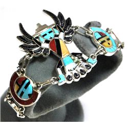 Zuni Multi-Stone Knifewing Kachina Sterling Silver Link Bracelet - Don Dewa