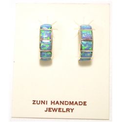 Zuni Opal Inlay Sterling Silver Half-Ring Post Earrings - Glennetta Luna