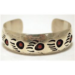 Navajo Coral Sterling Silver Bear Paw Cuff Bracelet - Pearlene Spencer