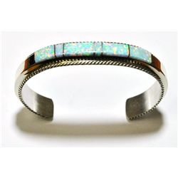 Navajo Opal Inlay Sterling Silver Cuff Bracelet - Fran Yazzie
