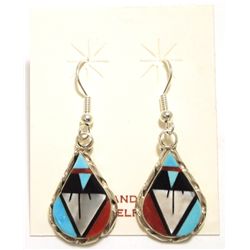 Zuni Multi-Stone Inlay Sterling Silver French Hook Earrings - Carol Niiha