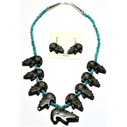 Zuni Black Marble Bear Necklace & Earrings Set - Dilbert Gasper