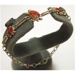 Navajo Coral Sterling Silver Turtle Link Bracelet - Vernon Waikaniwa