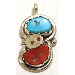 Zuni Coral & Turquoise Sterling Silver Snake Pendant - Effie Calavaza