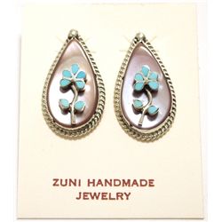 Zuni Mother of Pearl & Turquoise Inlay Flower Sterling Silver Post Earrings - Rodney Lagiloo