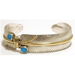 Navajo Turquoise & 12k Gold Fill over Sterling Silver Feather Cuff Bracelet - Virgil Reeder