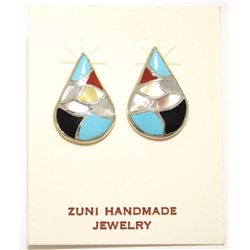 Zuni Multi-Stone Inlay Sterling Silver Post Earrings - Orena Leekya