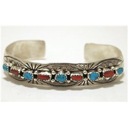 Navajo Coral & Turquoise Sterling Silver Cuff Bracelet - Wilbert Benally